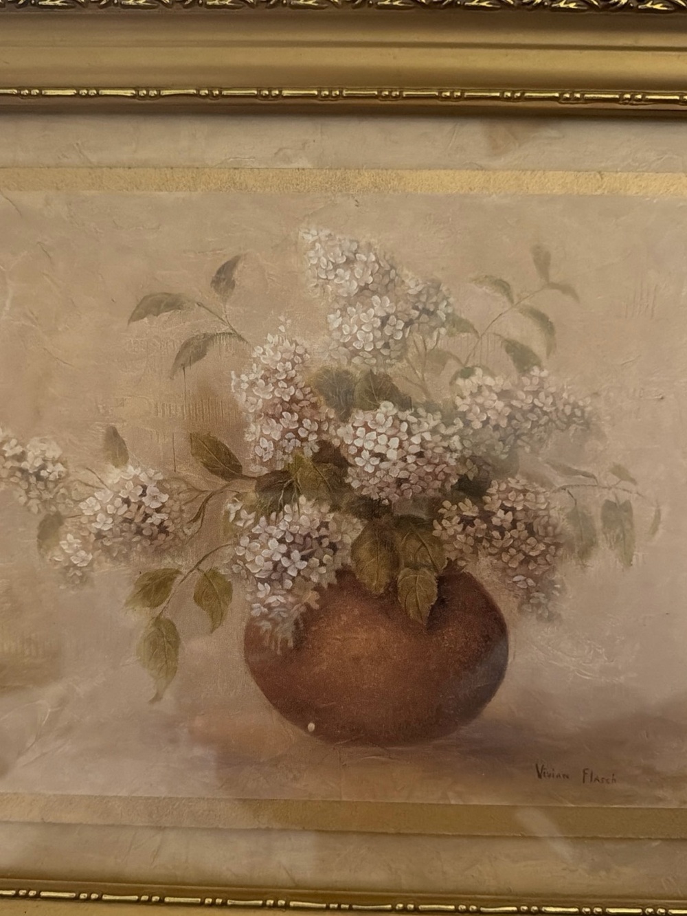 Vivian Flasch Vintage Floral Still Life Wall Art - White Lilacs in Brown Vase